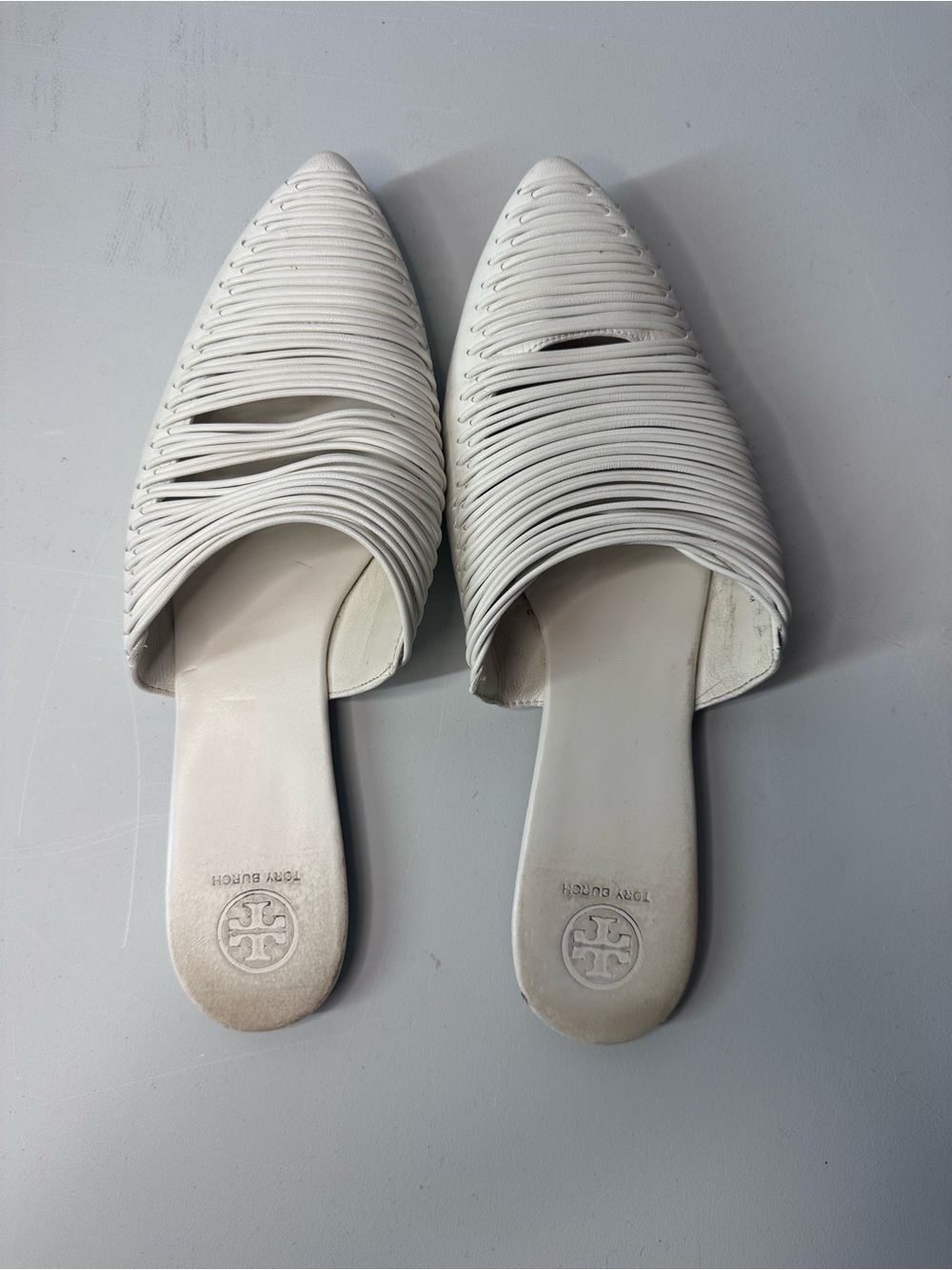 Tory Burch White Strappy Pointed Slip-On Mules